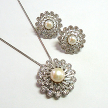 Pearl & Clear CZ Flower Pendant And Earrings Set