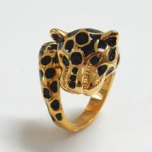 Leopard Goldtone Black Enamel Spots Crystal Ring