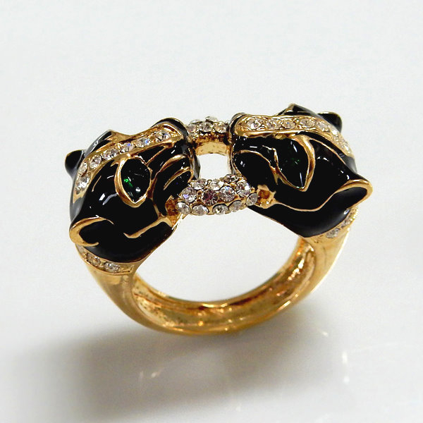 Two Leopard Goldtone Enamel Crystal Ring